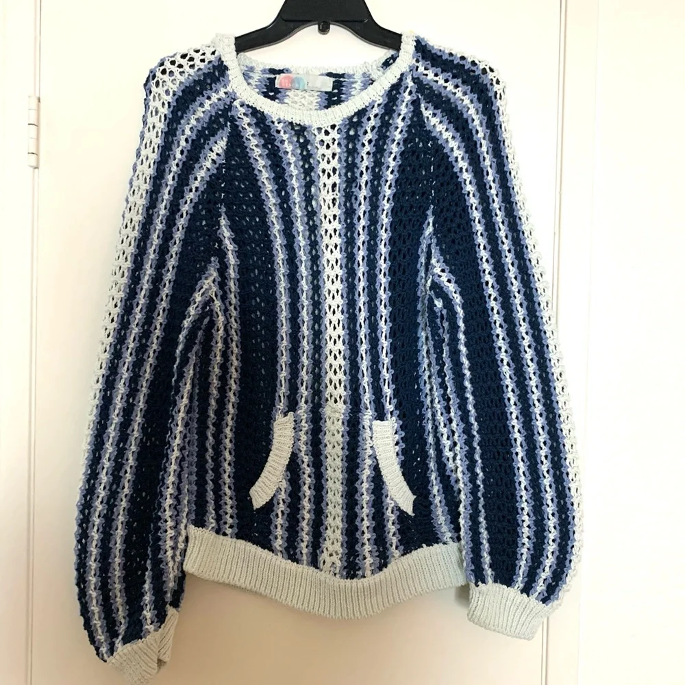 Free People Beach Dayton Pullover Sweater Blue White Large - Picture 7 of 15